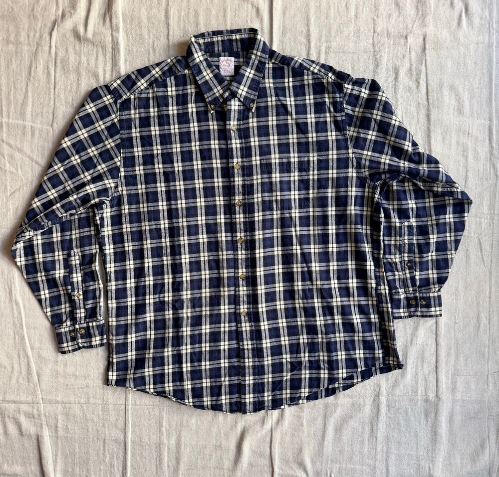 Brooks Brothers Shirt Men's XL Regular Fit Navy Plaid Flannel Button Down OCBD
